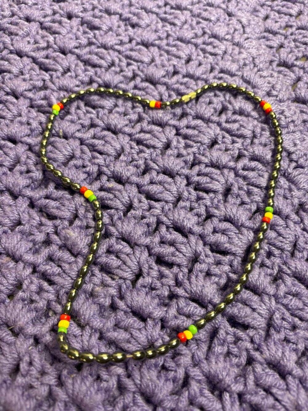 Vintage Artisan Gunmetal and Glass Beaded Necklace Barrel Clasp